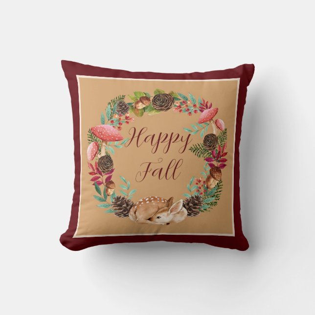 Fall fawn and nature with customizable text throw  pillow (Front)