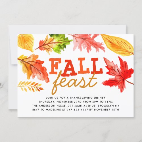 Fall Feast Watercolor Leaves Thanksgiving Dinner Invitation