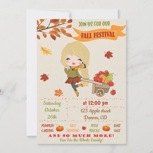 Fall festival party invite Autumn invitation girls (Front)