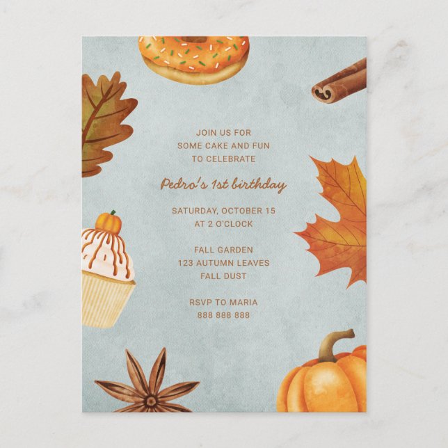 Fall First Birthday Party Boy Autumn Pumpkin One Invitation Postcard (Front)