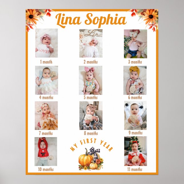 Fall First Year Monthly Photos Birthday Poster (Front)