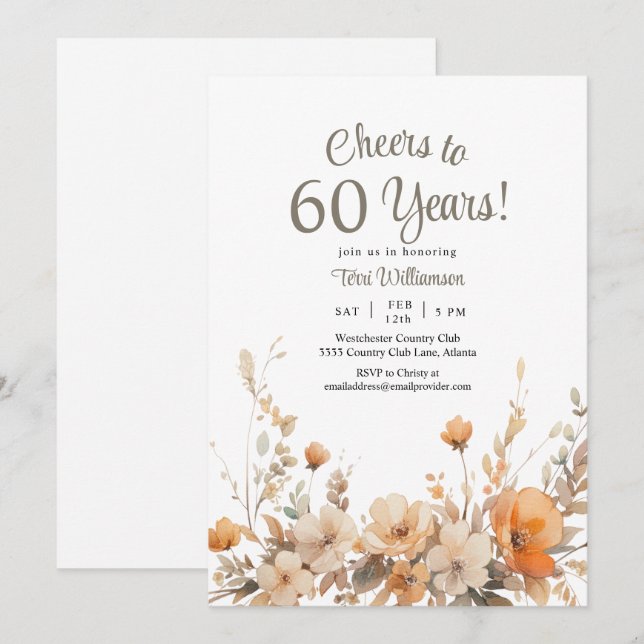 Fall Floral 60th Birthday Cheers to 60 Years Invitation (Front/Back)