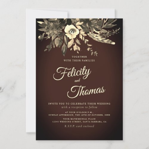 Fall Floral Aged Brown Wedding Invitation