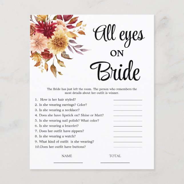 Fall Floral All eyes on Bride Bridal Shower Game (Front)