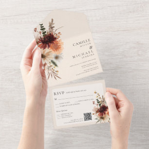 Fall Floral All in One QR Code Wedding Invitation