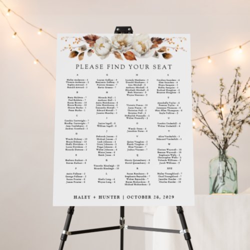 Fall Floral Alphabetical Seating Chart 100 Guests Foam Board