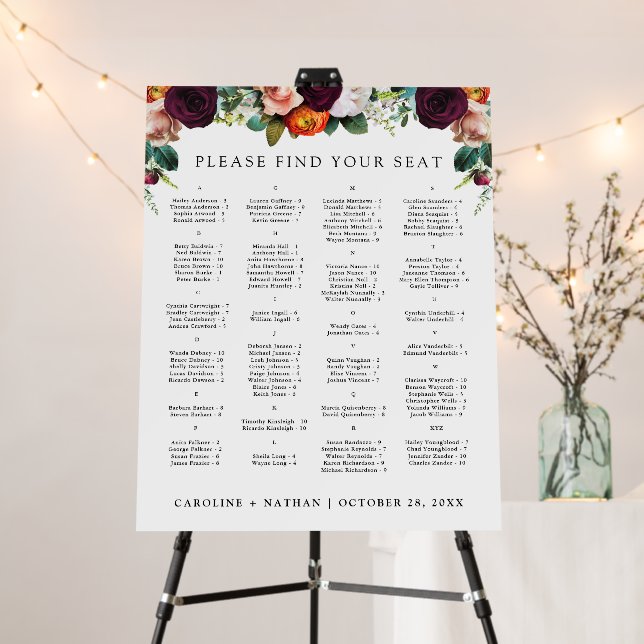 Fall Floral Alphabetical Seating Chart 100 Guests Foam Board (In Situ (Stand))