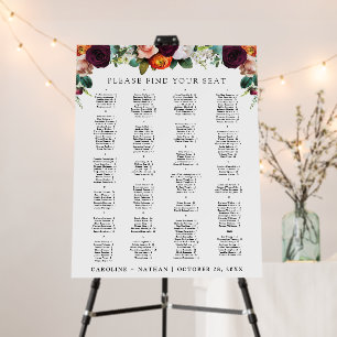 Fall Floral Alphabetical Seating Chart 200 Guests Foam Board