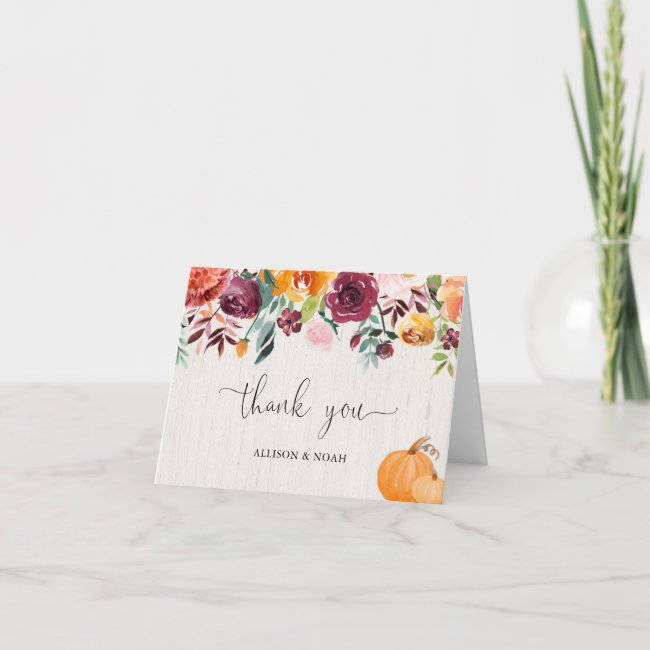 Fall floral and pumpkins watercolor burgundy thank you card