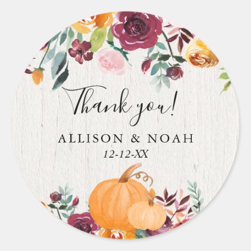 Fall floral and pumpkins watercolor favor classic round sticker