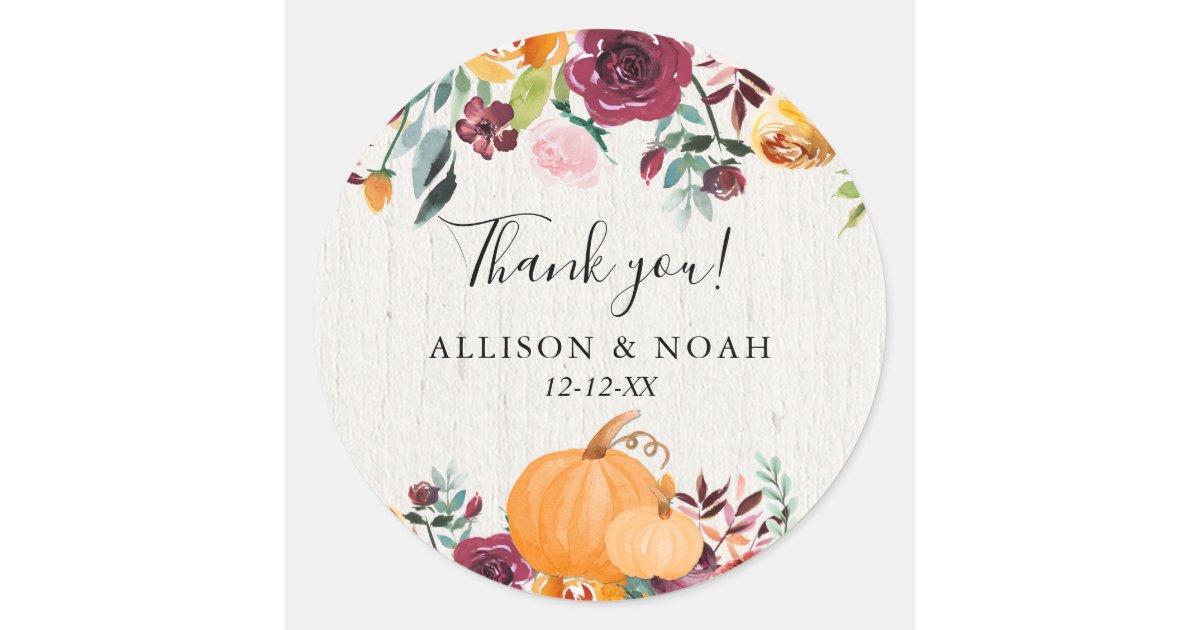 Fall floral and pumpkins watercolor favor classic round sticker | Zazzle