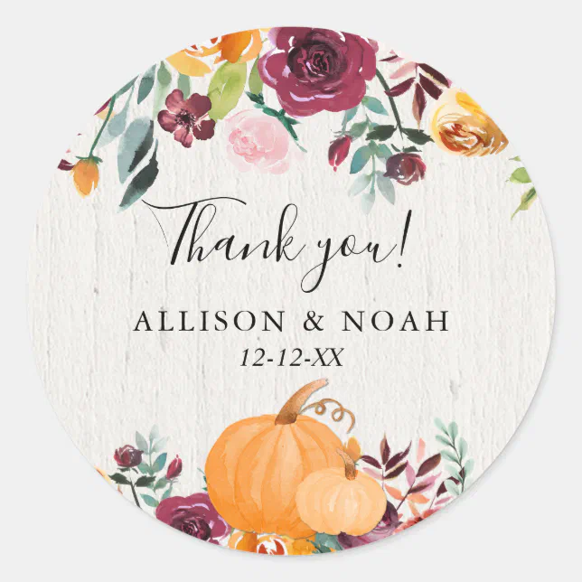 Fall floral and pumpkins watercolor favor classic round sticker | Zazzle