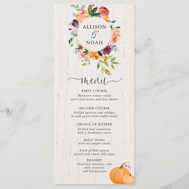 Fall floral and pumpkins watercolor menu (Front)