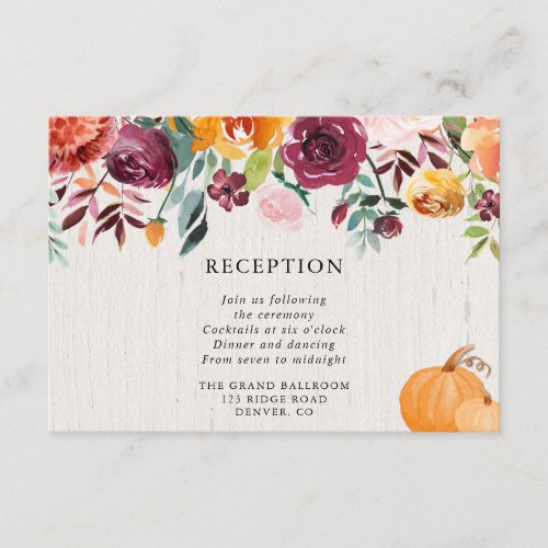 Fall floral and pumpkins watercolor reception enclosure card