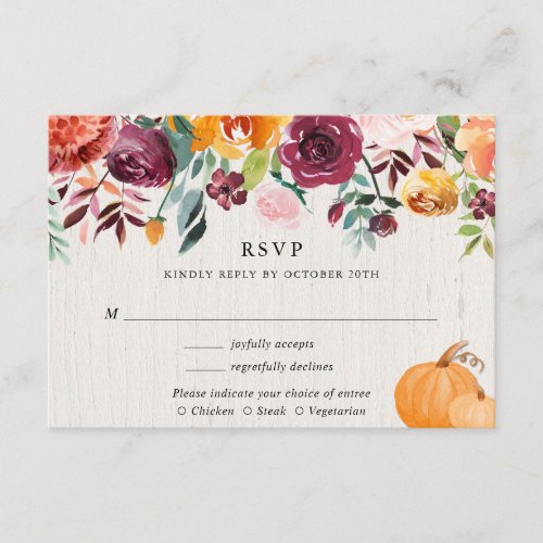 Fall floral and pumpkins watercolor wedding RSVP Enclosure Card