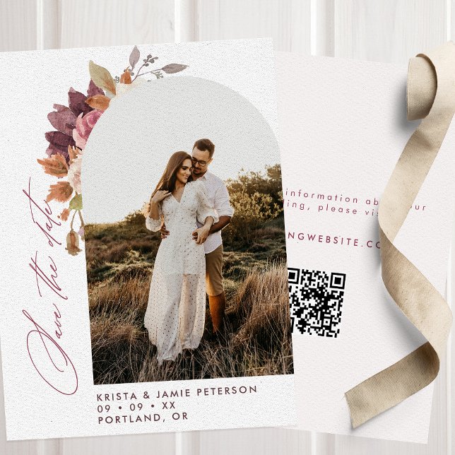 Fall Floral Arch Photo QR Code Wedding Save The Date (Creator Uploaded)