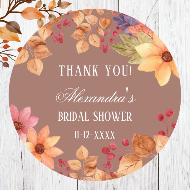 Fall Floral Autumn Bridal Shower Thank You  Classic Round Sticker (Creator Uploaded)