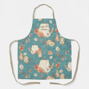 Fall Floral Autumn Pumpkin Foliage Teal Blue Name Apron