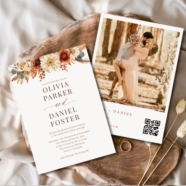 Fall Floral Autumn QR Code Photo Wedding Invitation (Creator Uploaded)