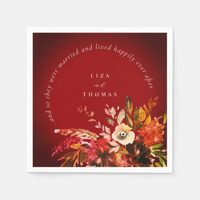 Fall Floral Autumn Red Happily Ever After Wedding Napkins (Front)