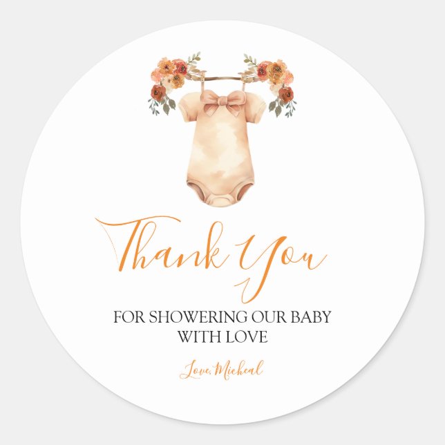 Fall Floral Baby Clothes Baby Shower Thank You Classic Round Sticker (Front)