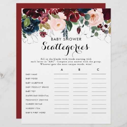 Fall Floral Baby Shower Scattegories Game 