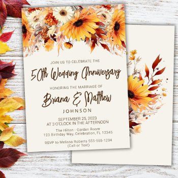 Fall Floral Beige 50th Wedding Anniversary  Invitation by WittyPrintables at Zazzle