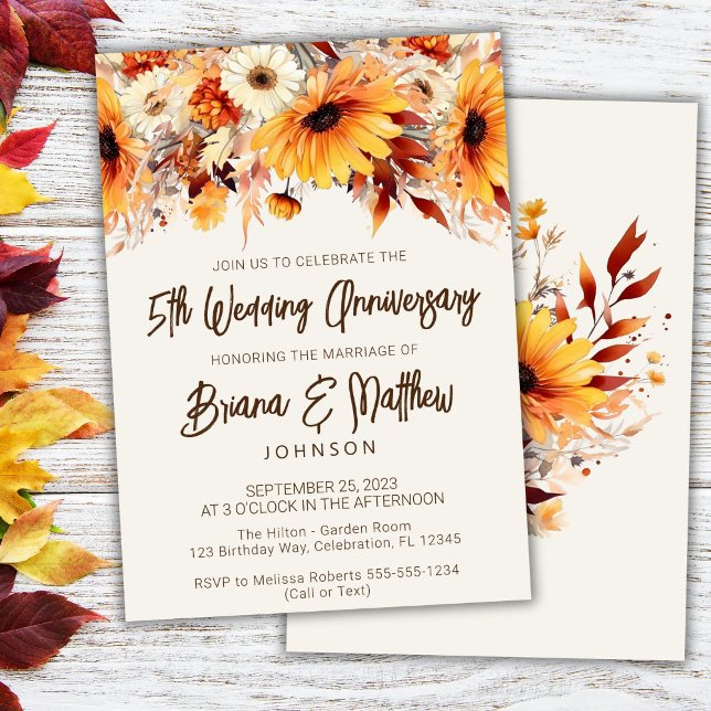 Fall Floral Beige 5th Wedding Anniversary  Invitation (Creator Uploaded)
