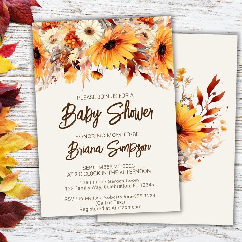Fall Floral Beige Baby Shower Invitation