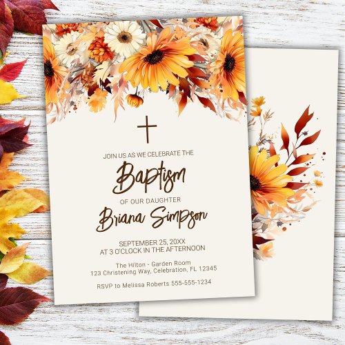 Fall Floral Beige Baptism Invitation