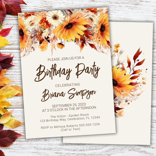 Fall Floral Beige Birthday Party Invitation