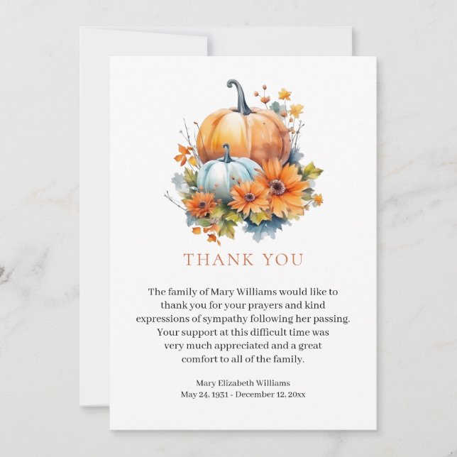 Fall Floral Bereavement Funeral Thank You Card (Front)