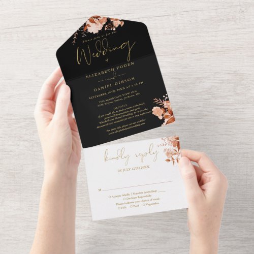 Fall Floral Black And Gold Details RSVP Wedding All In One Invitation