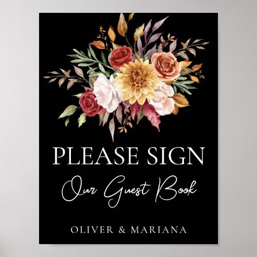 Fall Floral Black Wedding Guest Book Sign