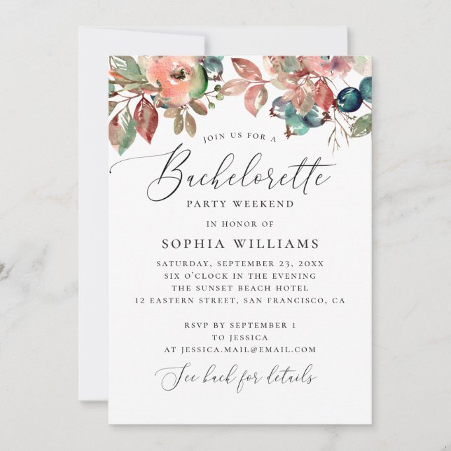 Fall floral blueberry bachelorette party weekend invitation (Front)