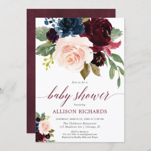 Fall floral blush marsala blue girl baby shower invitation