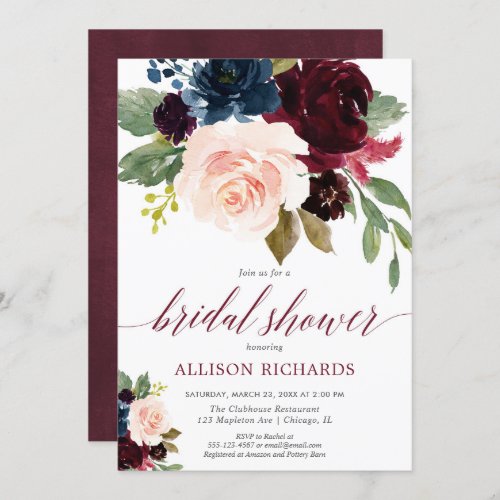 Fall floral blush marsala navy blue bridal shower invitation