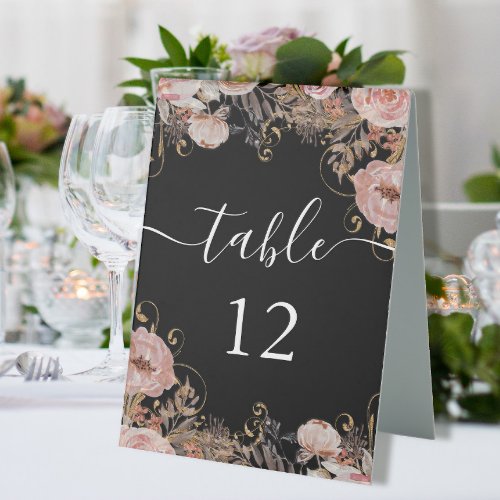 Fall Floral Blush Pink Black Watercolor Rose Gold Table Tent Sign