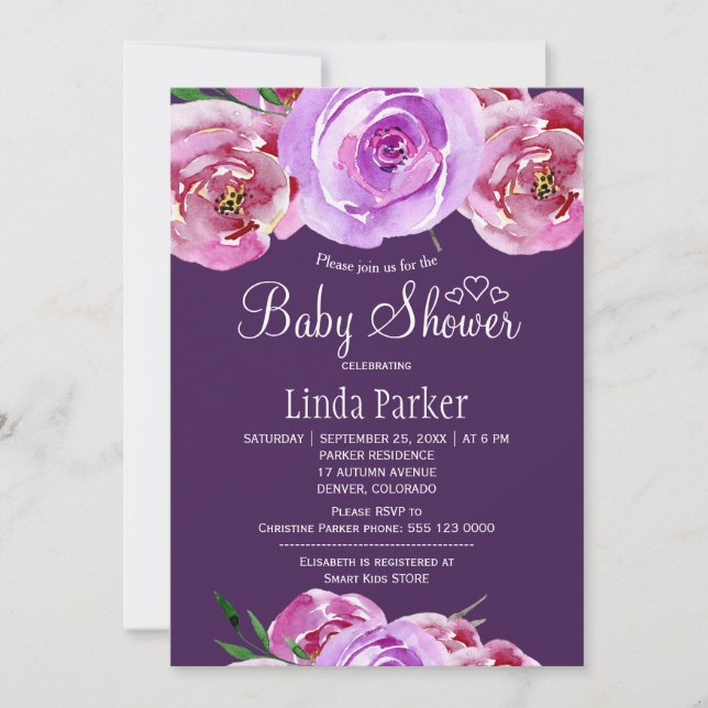 Fall floral blush pink violet plum baby shower invitation (Front)