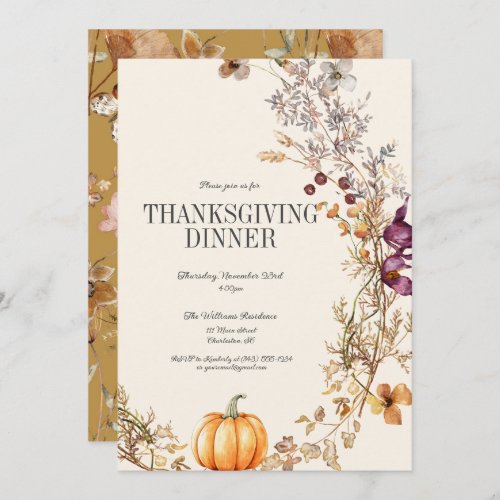 Fall Floral Boho Pumpkin Thanksgiving Dinner Invitation