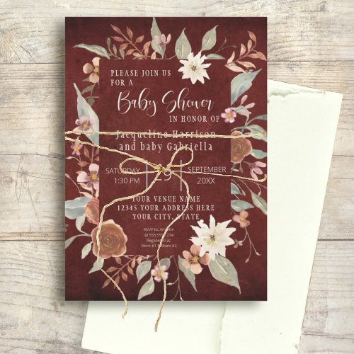 Fall Floral BOHO Script Girl Baby Shower Burgundy Invitation