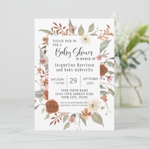 Fall Floral BOHO Script Girl Baby Shower Photo Inv Invitation