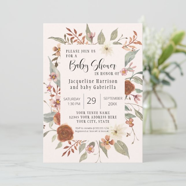 Fall Floral BOHO Script Girl Baby Shower Photo Invitation (Standing Front)