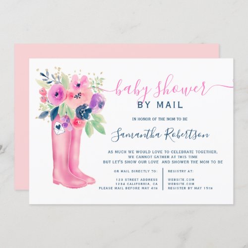 Fall floral boots watercolor baby shower by mail invitation