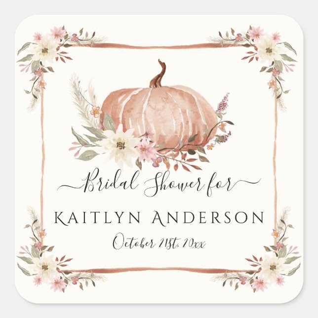Fall Floral Botanical Pumpkin Pink Bridal Shower Square Sticker (Front)