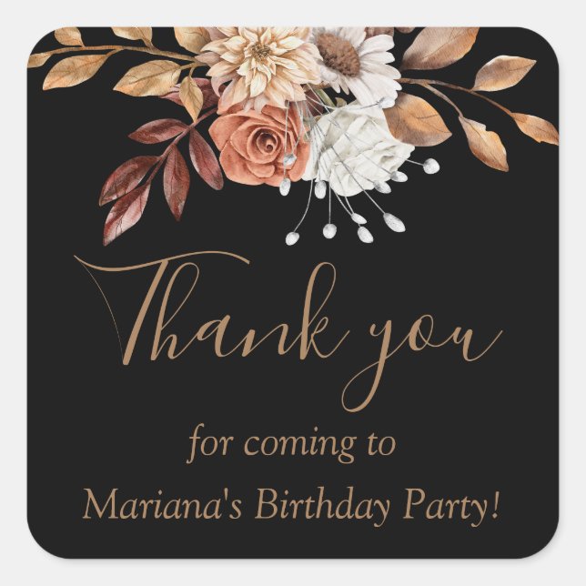 Fall Floral Bouquet Birthday Black Favor Square Sticker (Front)