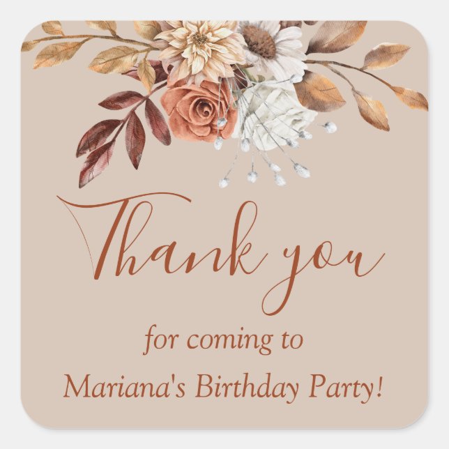 Fall Floral Bouquet Birthday on Taupe Favor Square Sticker (Front)