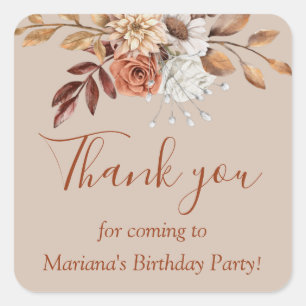 Fall Floral Bouquet Birthday on Taupe Favor Square Sticker
