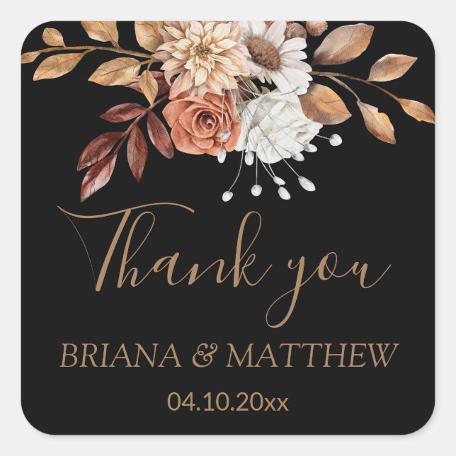 Fall Floral Bouquet Black Favor Square Sticker (Front)