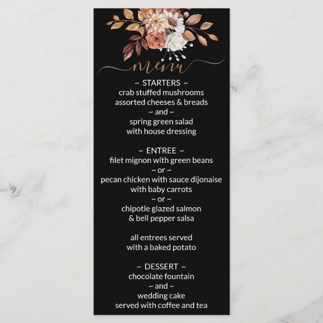 Fall Floral Bouquet Black Wedding Menu (Front)